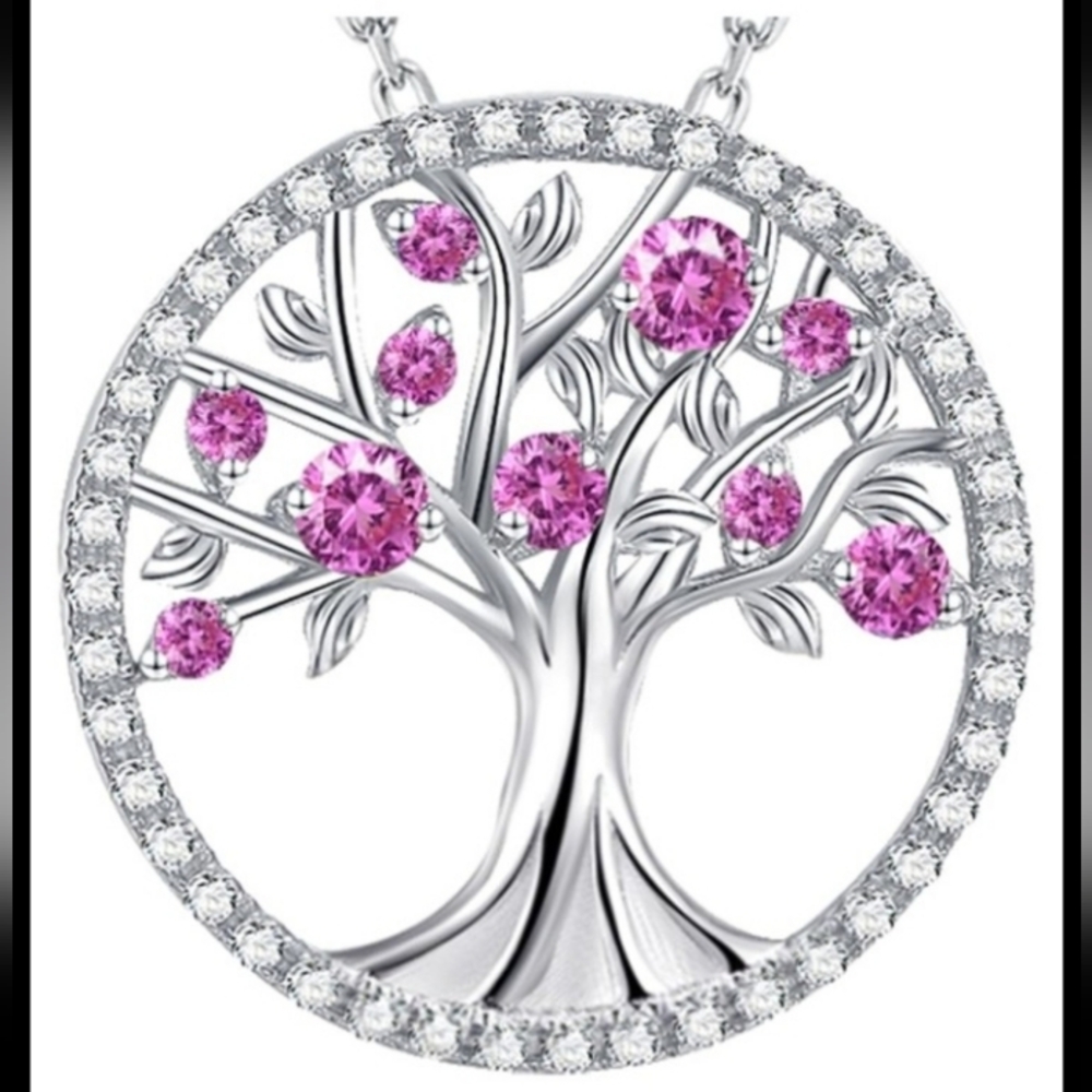 NWT Sterling Silver Tree of Life Pink Tourmaline Pendant Necklace, 18+2"